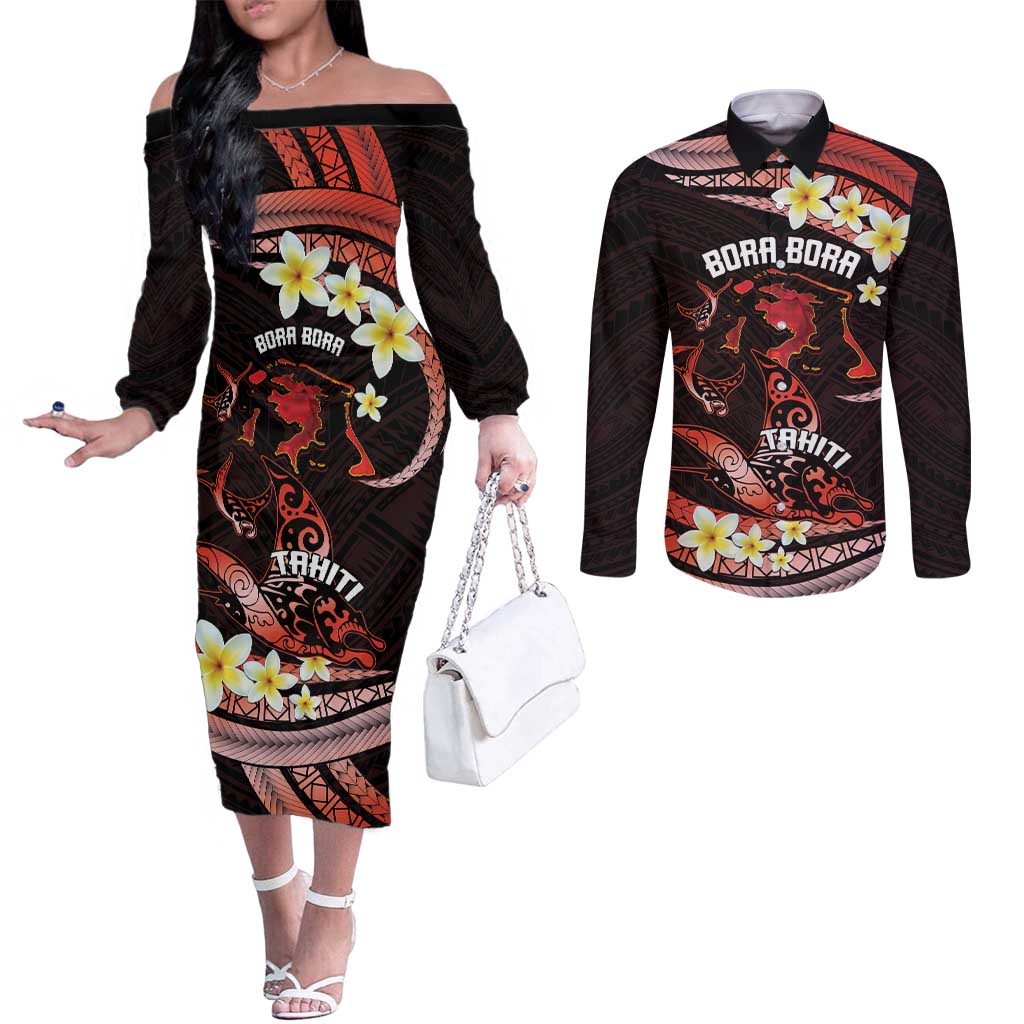 Personalised Tahiti Bora Bora Couples Matching Off The Shoulder Long Sleeve Dress and Long Sleeve Button Shirt Manta Rays With Polynesian Plumeria LT14 Red - Polynesian Pride