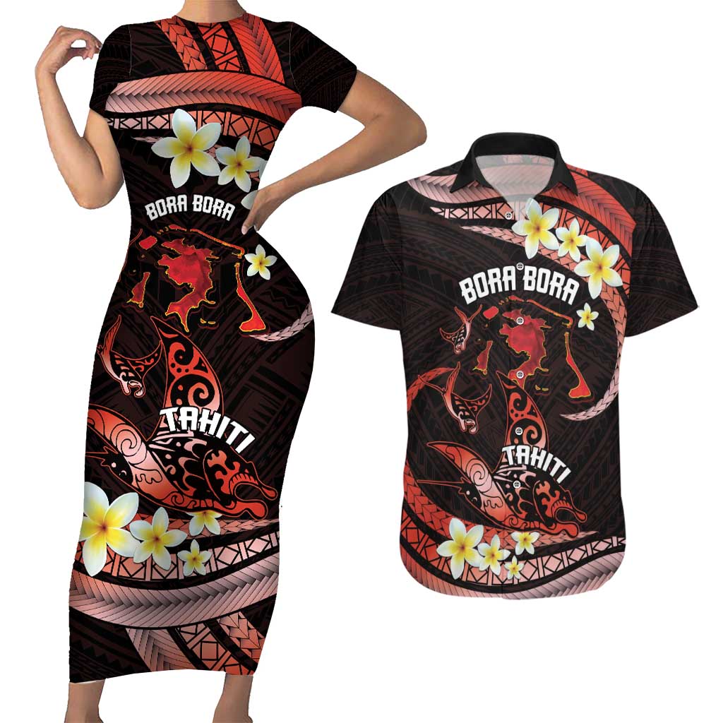 Personalised Tahiti Bora Bora Couples Matching Short Sleeve Bodycon Dress and Hawaiian Shirt Manta Rays With Polynesian Plumeria LT14 Red - Polynesian Pride