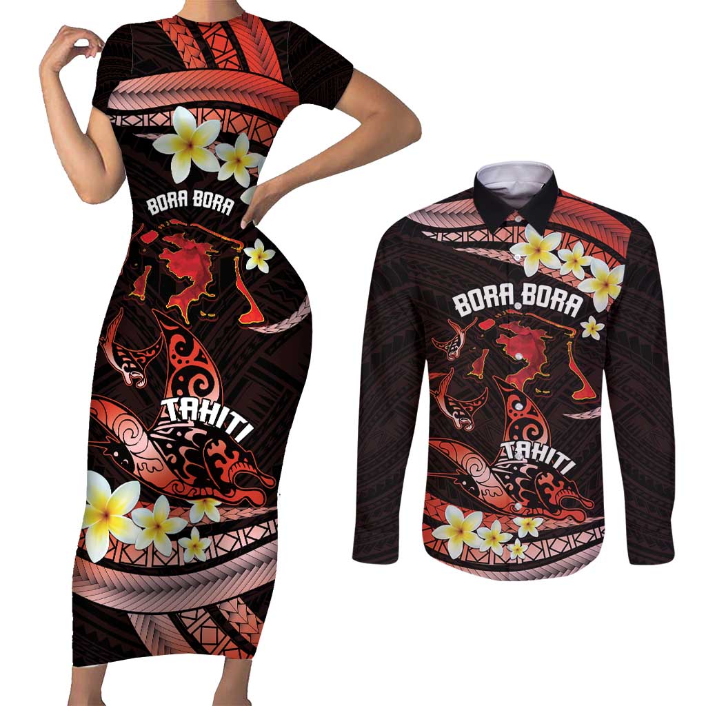 Personalised Tahiti Bora Bora Couples Matching Short Sleeve Bodycon Dress and Long Sleeve Button Shirt Manta Rays With Polynesian Plumeria LT14 Red - Polynesian Pride