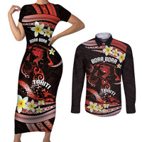 Personalised Tahiti Bora Bora Couples Matching Short Sleeve Bodycon Dress and Long Sleeve Button Shirt Manta Rays With Polynesian Plumeria LT14 Red - Polynesian Pride