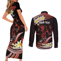 Personalised Tahiti Bora Bora Couples Matching Short Sleeve Bodycon Dress and Long Sleeve Button Shirt Manta Rays With Polynesian Plumeria LT14 - Polynesian Pride