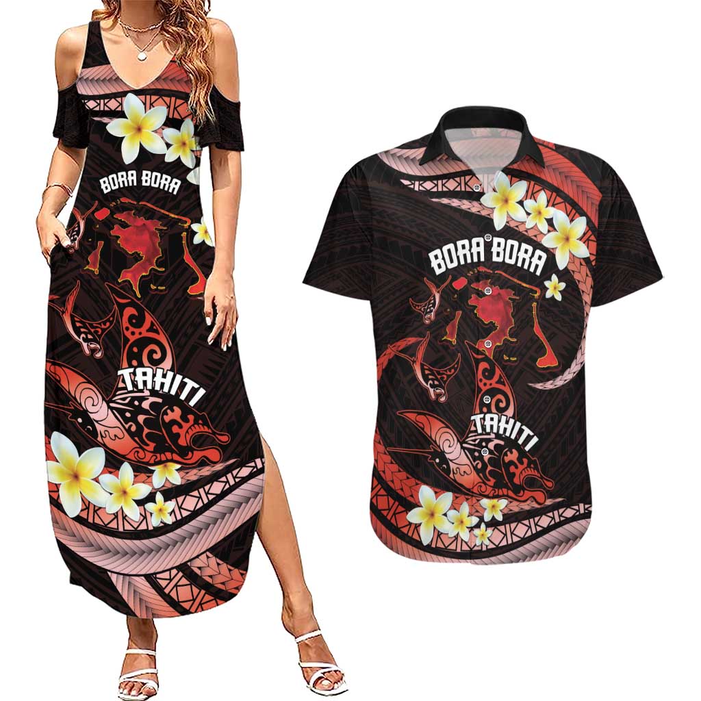 Personalised Tahiti Bora Bora Couples Matching Summer Maxi Dress and Hawaiian Shirt Manta Rays With Polynesian Plumeria LT14 Red - Polynesian Pride