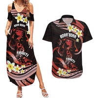 Personalised Tahiti Bora Bora Couples Matching Summer Maxi Dress and Hawaiian Shirt Manta Rays With Polynesian Plumeria LT14 Red - Polynesian Pride