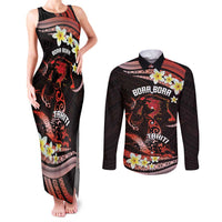 Personalised Tahiti Bora Bora Couples Matching Tank Maxi Dress and Long Sleeve Button Shirt Manta Rays With Polynesian Plumeria LT14 Red - Polynesian Pride