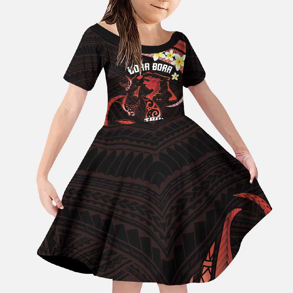 Personalised Tahiti Bora Bora Family Matching Mermaid Dress and Hawaiian Shirt Manta Rays With Polynesian Plumeria LT14 Daughter's Dress Red - Polynesian Pride