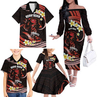 Personalised Tahiti Bora Bora Family Matching Off The Shoulder Long Sleeve Dress and Hawaiian Shirt Manta Rays With Polynesian Plumeria LT14 - Polynesian Pride