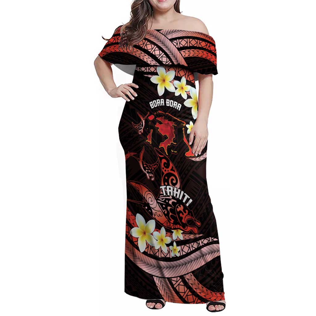 Personalised Tahiti Bora Bora Family Matching Off Shoulder Maxi Dress and Hawaiian Shirt Manta Rays With Polynesian Plumeria LT14 Mom's Dress Red - Polynesian Pride