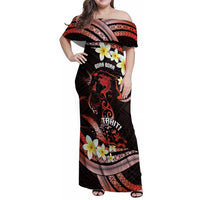 Personalised Tahiti Bora Bora Family Matching Off Shoulder Maxi Dress and Hawaiian Shirt Manta Rays With Polynesian Plumeria LT14 Mom's Dress Red - Polynesian Pride