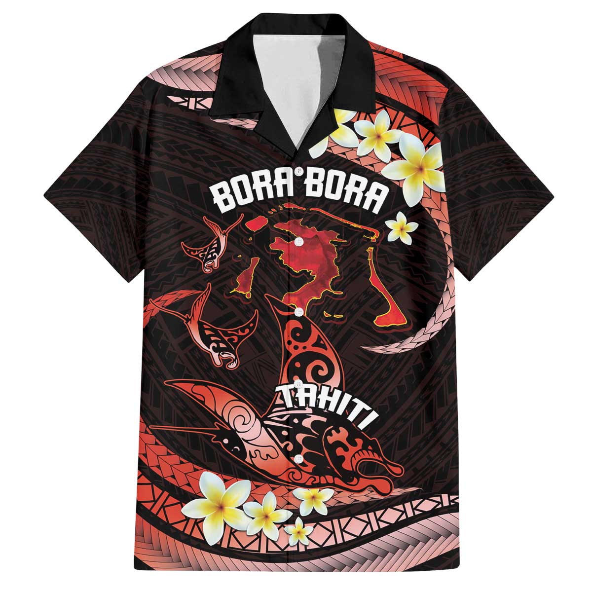 Personalised Tahiti Bora Bora Family Matching Off Shoulder Short Dress and Hawaiian Shirt Manta Rays With Polynesian Plumeria LT14 Dad's Shirt - Short Sleeve Red - Polynesian Pride
