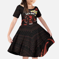 Personalised Tahiti Bora Bora Family Matching Short Sleeve Bodycon Dress and Hawaiian Shirt Manta Rays With Polynesian Plumeria LT14 Daughter's Dress Red - Polynesian Pride