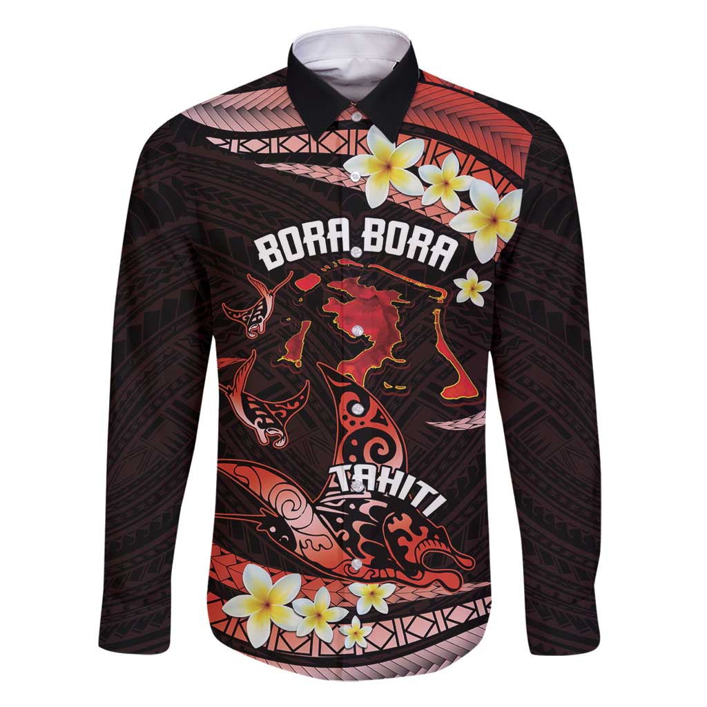 Personalised Tahiti Bora Bora Family Matching Summer Maxi Dress and Hawaiian Shirt Manta Rays With Polynesian Plumeria LT14 Dad's Shirt - Long Sleeve Red - Polynesian Pride