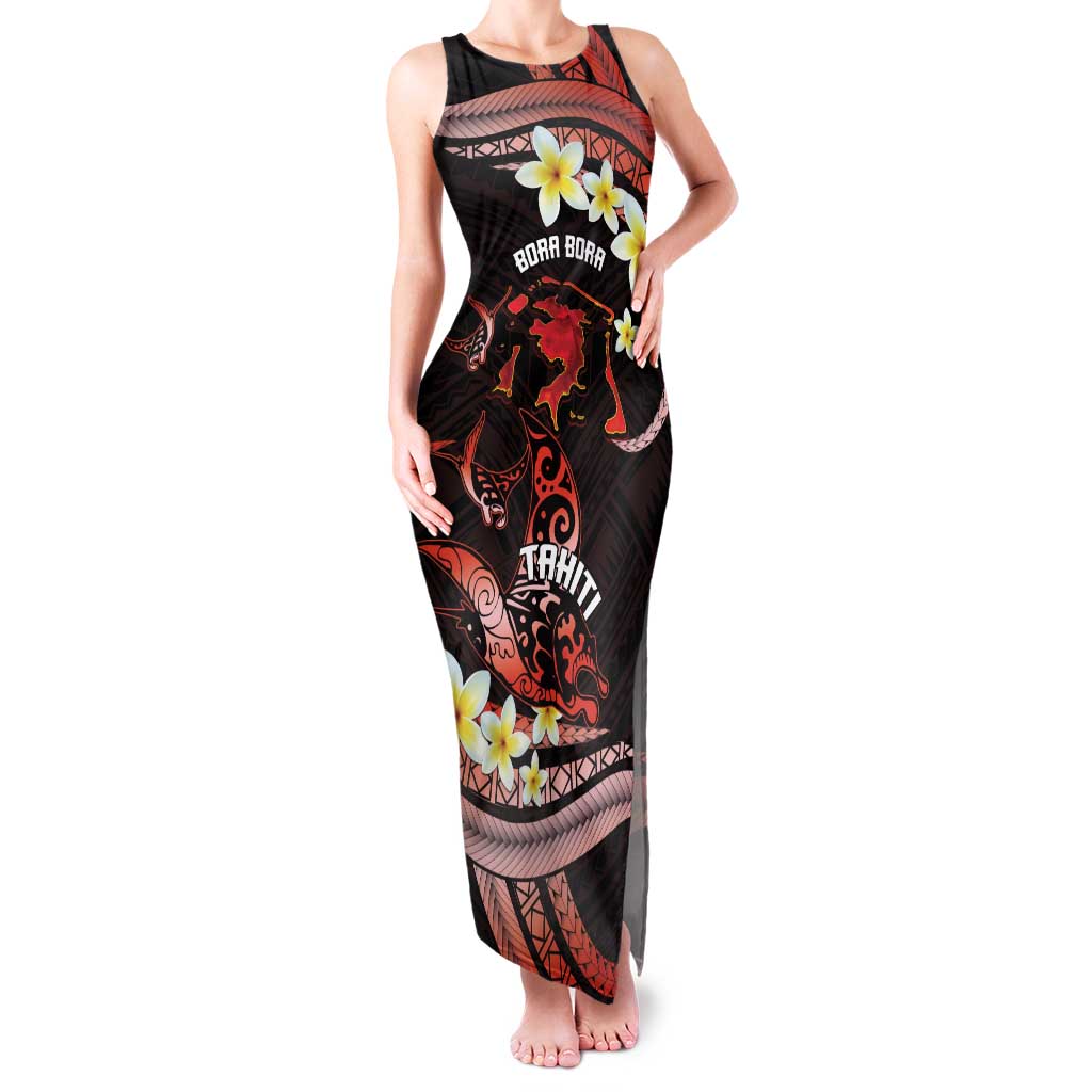 Personalised Tahiti Bora Bora Family Matching Tank Maxi Dress and Hawaiian Shirt Manta Rays With Polynesian Plumeria LT14 Mom's Dress Red - Polynesian Pride
