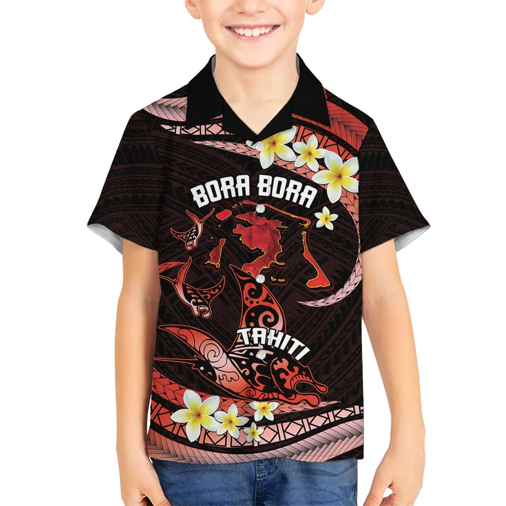 Personalised Tahiti Bora Bora Family Matching Tank Maxi Dress and Hawaiian Shirt Manta Rays With Polynesian Plumeria LT14 Son's Shirt Red - Polynesian Pride