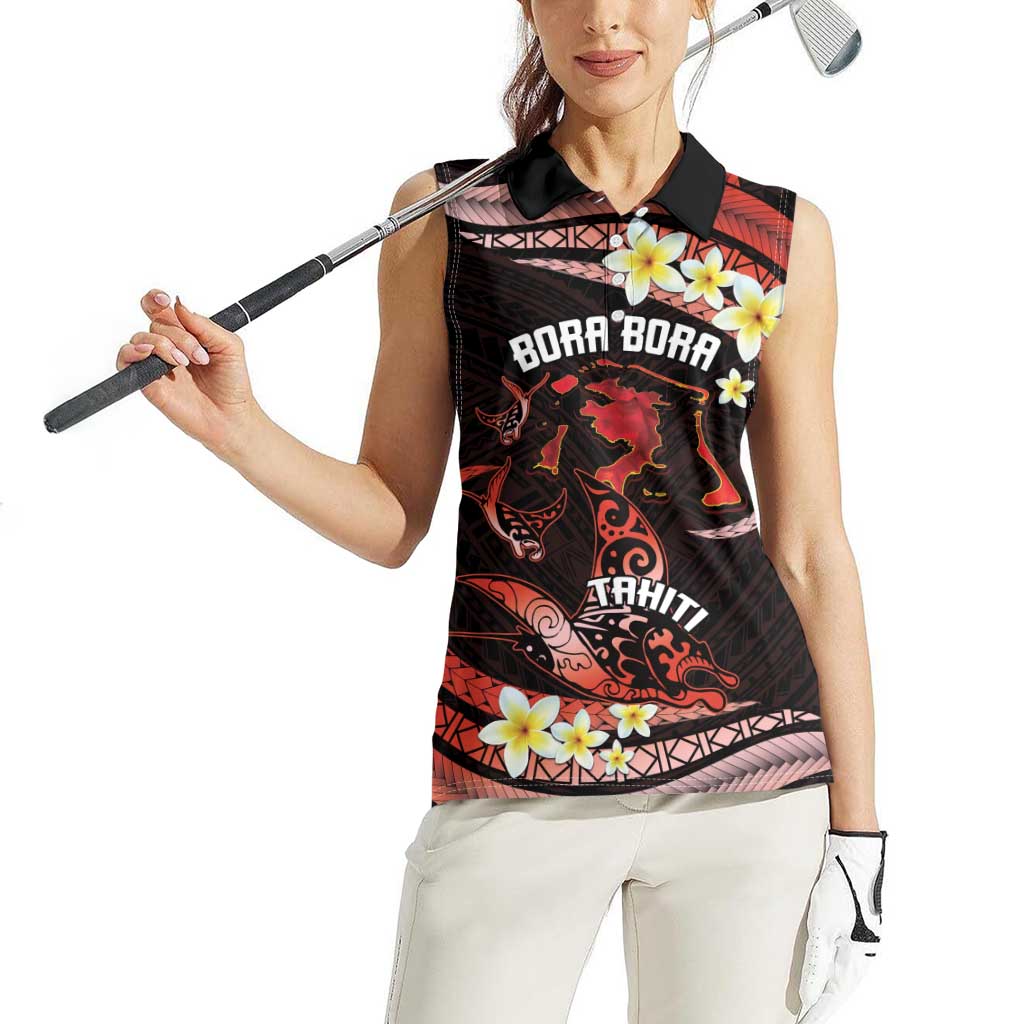 Personalised Tahiti Bora Bora Women Sleeveless Polo Shirt Manta Rays With Polynesian Plumeria LT14 - Polynesian Pride