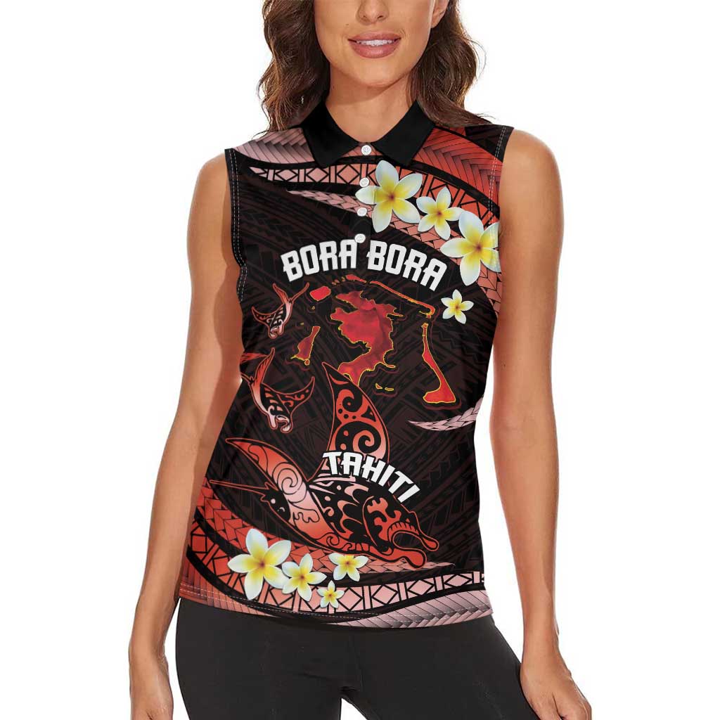 Personalised Tahiti Bora Bora Women Sleeveless Polo Shirt Manta Rays With Polynesian Plumeria LT14 - Polynesian Pride
