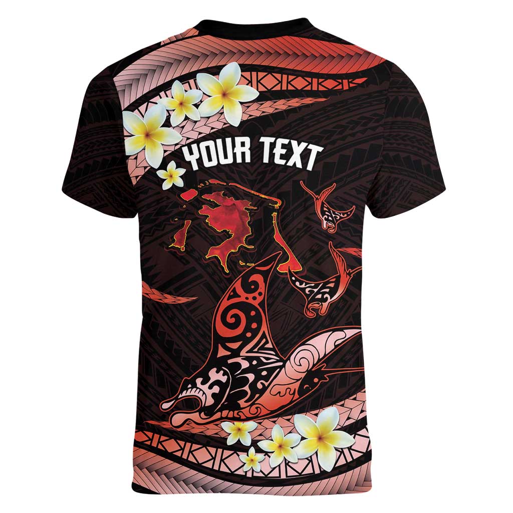 Personalised Tahiti Bora Bora Women V-Neck T-Shirt Manta Rays With Polynesian Plumeria LT14 - Polynesian Pride
