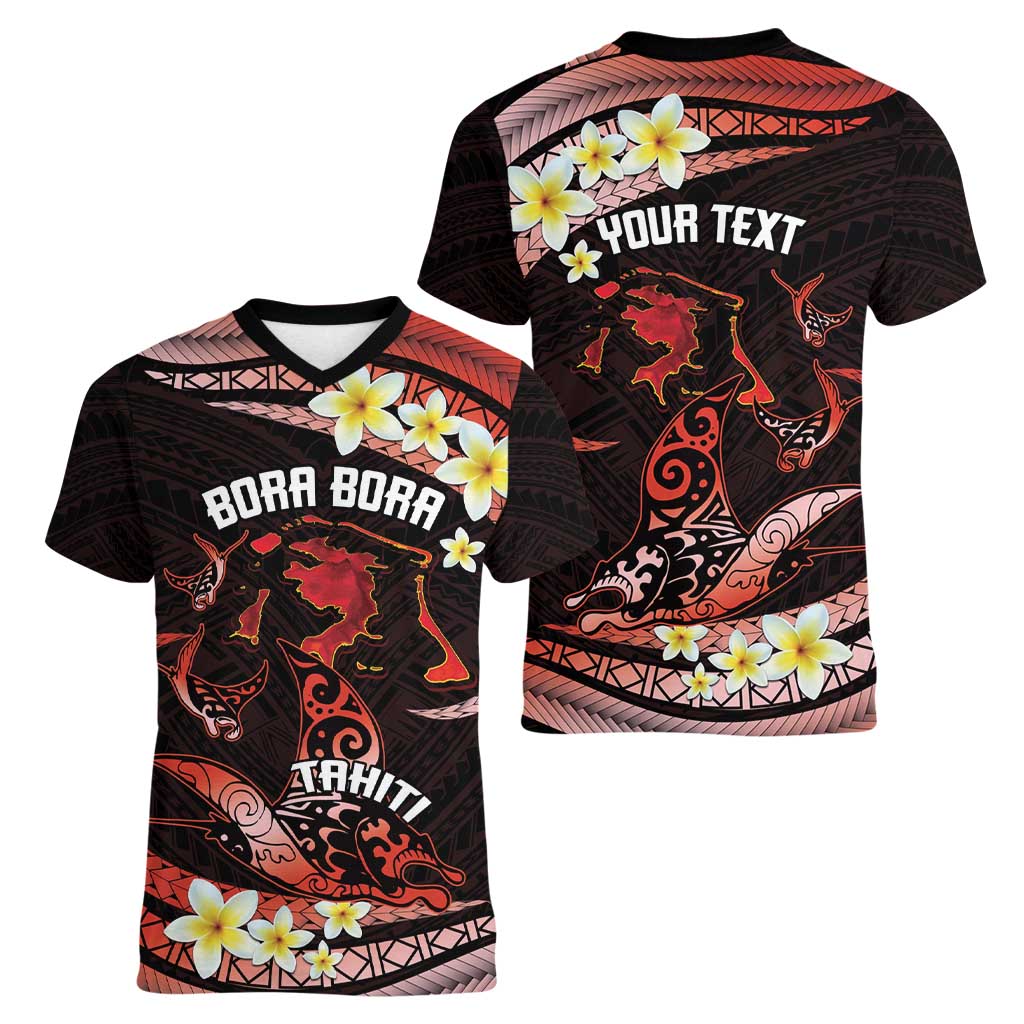 Personalised Tahiti Bora Bora Women V-Neck T-Shirt Manta Rays With Polynesian Plumeria LT14 - Polynesian Pride