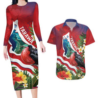 Personalised Kiribati Tarawa Atoll Couples Matching Long Sleeve Bodycon Dress and Hawaiian Shirt Frigate Bird With Map Tropical Style LT14 Red - Polynesian Pride