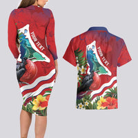 Personalised Kiribati Tarawa Atoll Couples Matching Long Sleeve Bodycon Dress and Hawaiian Shirt Frigate Bird With Map Tropical Style LT14 - Polynesian Pride