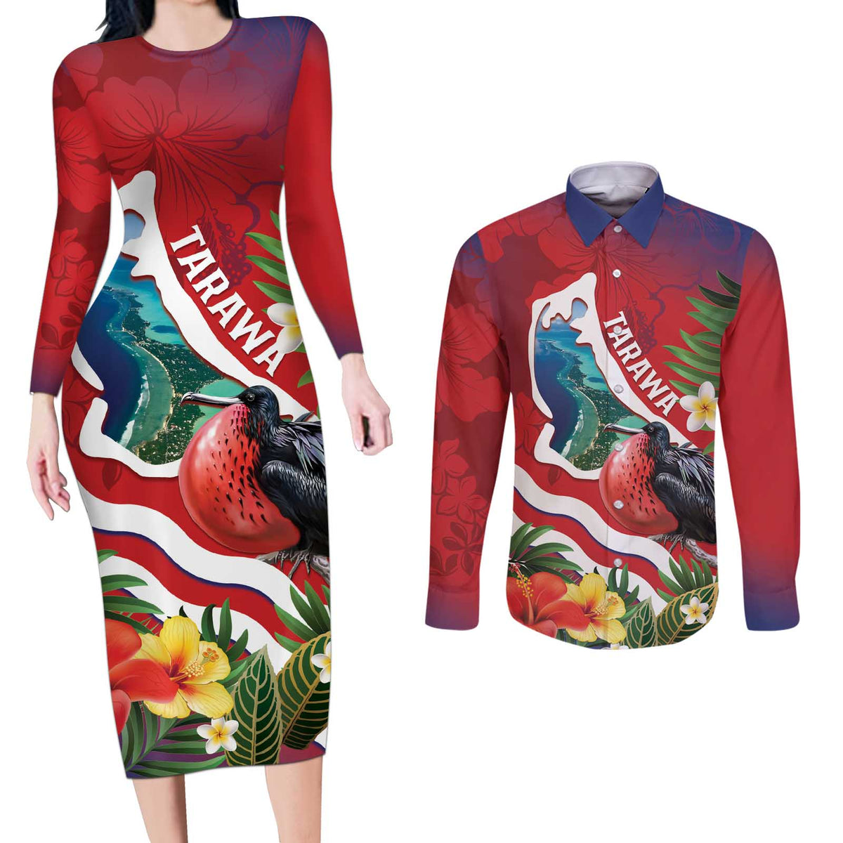 Personalised Kiribati Tarawa Atoll Couples Matching Long Sleeve Bodycon Dress and Long Sleeve Button Shirt Frigate Bird With Map Tropical Style LT14 Red - Polynesian Pride