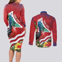 Personalised Kiribati Tarawa Atoll Couples Matching Long Sleeve Bodycon Dress and Long Sleeve Button Shirt Frigate Bird With Map Tropical Style LT14 - Polynesian Pride