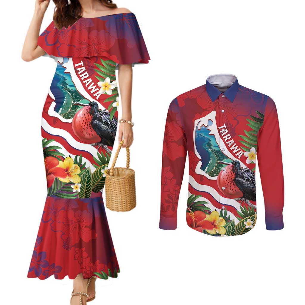 Personalised Kiribati Tarawa Atoll Couples Matching Mermaid Dress and Long Sleeve Button Shirt Frigate Bird With Map Tropical Style LT14 Red - Polynesian Pride