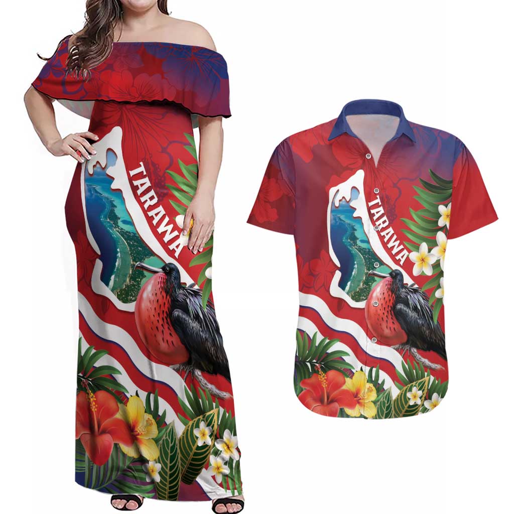 Personalised Kiribati Tarawa Atoll Couples Matching Off Shoulder Maxi Dress and Hawaiian Shirt Frigate Bird With Map Tropical Style LT14 Red - Polynesian Pride