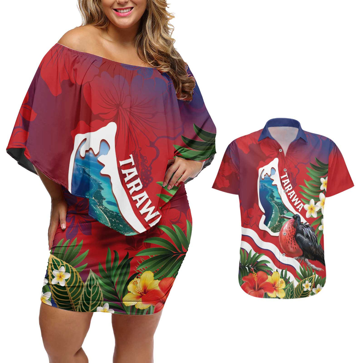 Personalised Kiribati Tarawa Atoll Couples Matching Off Shoulder Short Dress and Hawaiian Shirt Frigate Bird With Map Tropical Style LT14 Red - Polynesian Pride