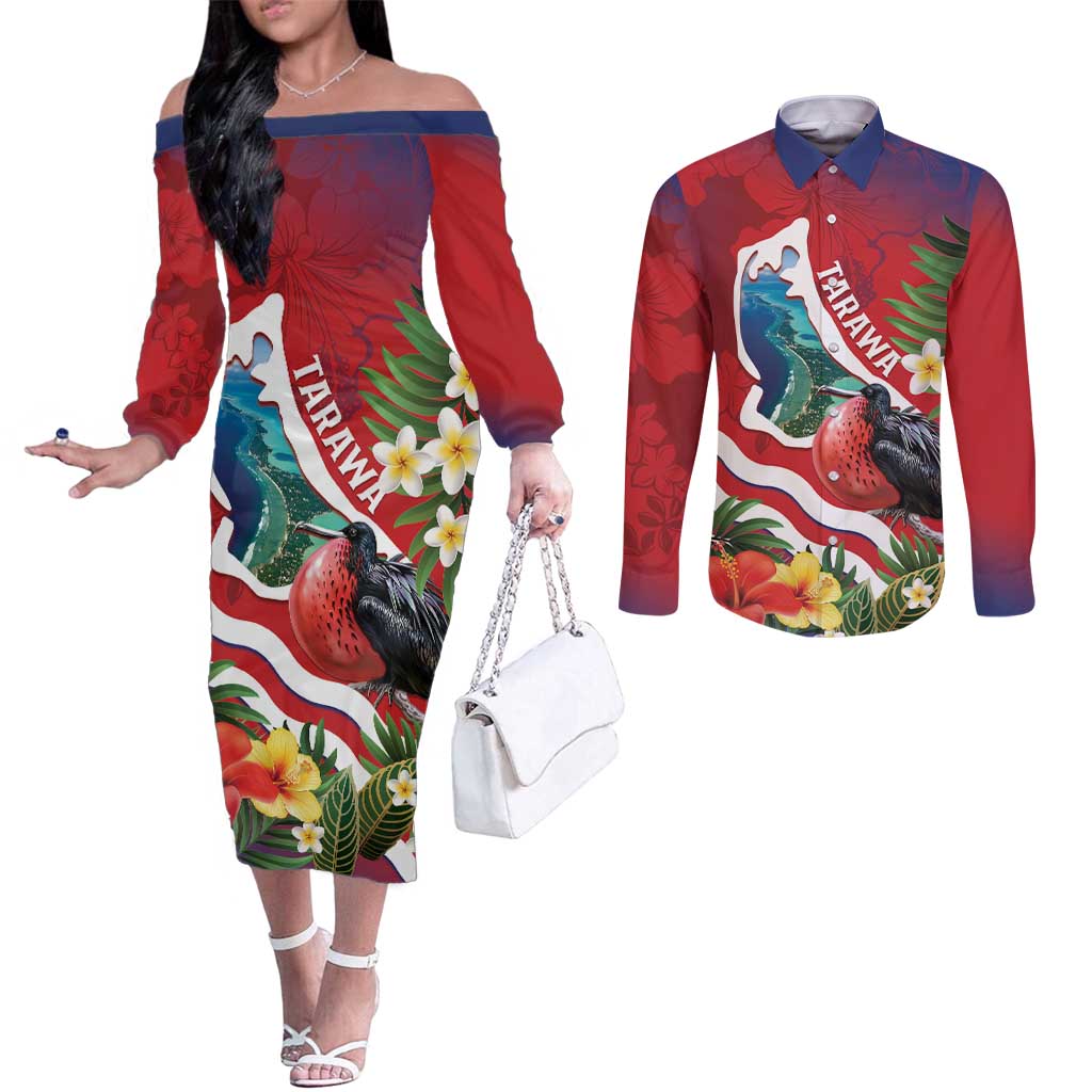 Personalised Kiribati Tarawa Atoll Couples Matching Off The Shoulder Long Sleeve Dress and Long Sleeve Button Shirt Frigate Bird With Map Tropical Style LT14 Red - Polynesian Pride
