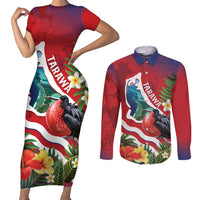 Personalised Kiribati Tarawa Atoll Couples Matching Short Sleeve Bodycon Dress and Long Sleeve Button Shirt Frigate Bird With Map Tropical Style LT14 Red - Polynesian Pride