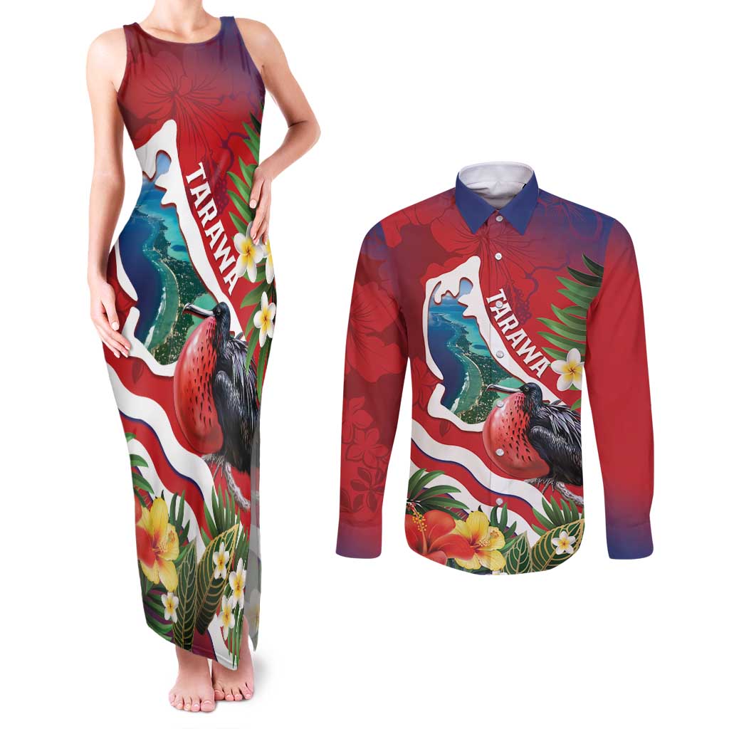 Personalised Kiribati Tarawa Atoll Couples Matching Tank Maxi Dress and Long Sleeve Button Shirt Frigate Bird With Map Tropical Style LT14 Red - Polynesian Pride