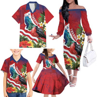 Personalised Kiribati Tarawa Atoll Family Matching Off The Shoulder Long Sleeve Dress and Hawaiian Shirt Frigate Bird With Map Tropical Style LT14 - Polynesian Pride