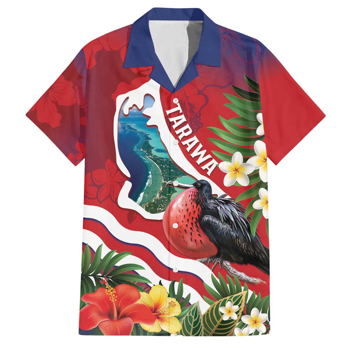 Personalised Kiribati Tarawa Atoll Family Matching Off The Shoulder Long Sleeve Dress and Hawaiian Shirt Frigate Bird With Map Tropical Style LT14 Dad's Shirt - Short Sleeve Red - Polynesian Pride