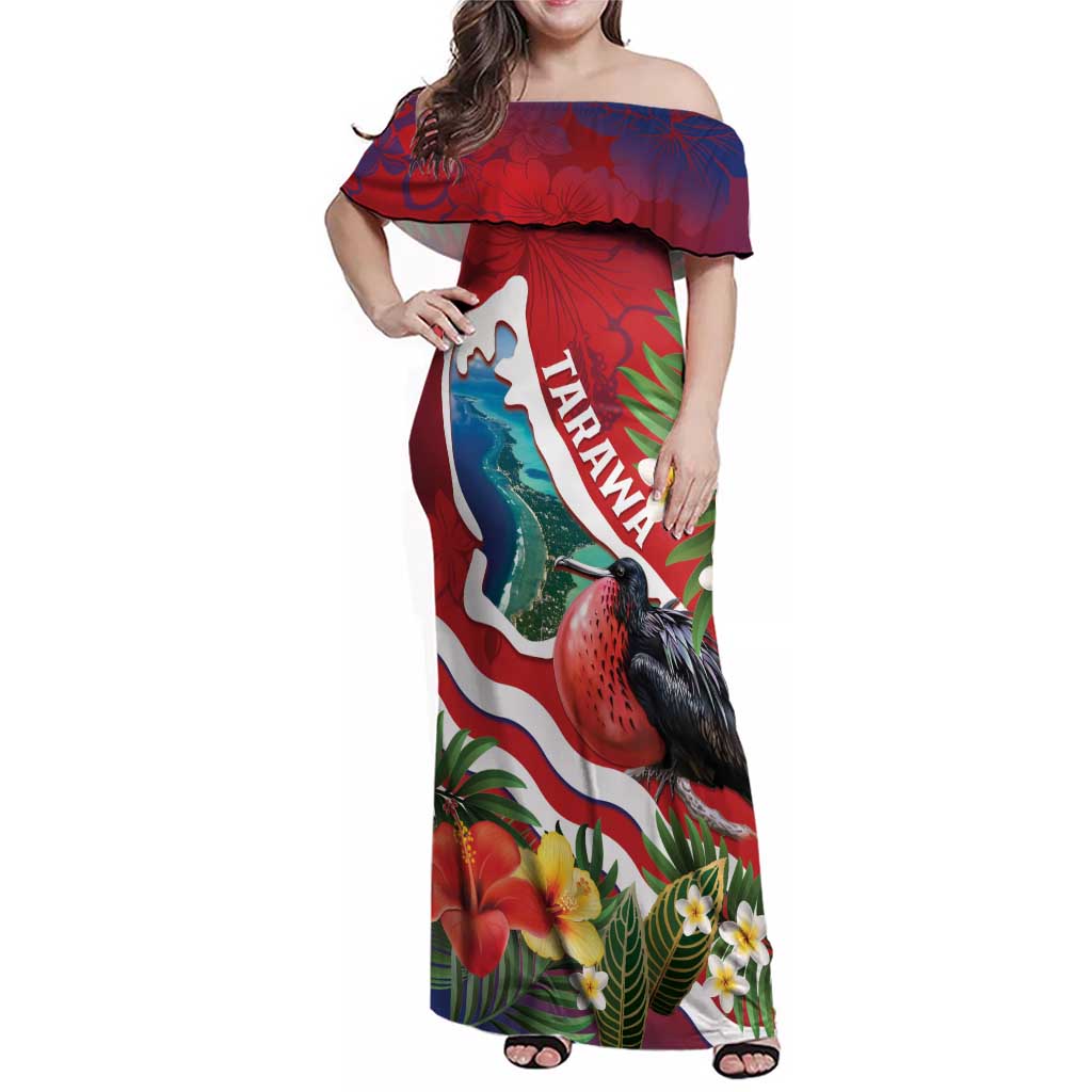 Personalised Kiribati Tarawa Atoll Family Matching Off Shoulder Maxi Dress and Hawaiian Shirt Frigate Bird With Map Tropical Style LT14 Mom's Dress Red - Polynesian Pride