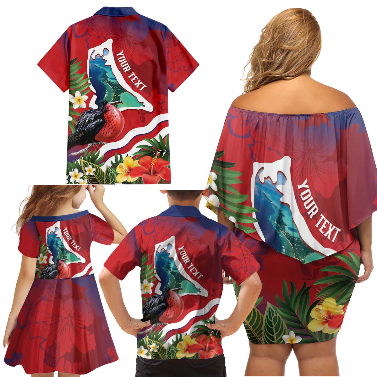 Personalised Kiribati Tarawa Atoll Family Matching Off Shoulder Short Dress and Hawaiian Shirt Frigate Bird With Map Tropical Style LT14 - Polynesian Pride