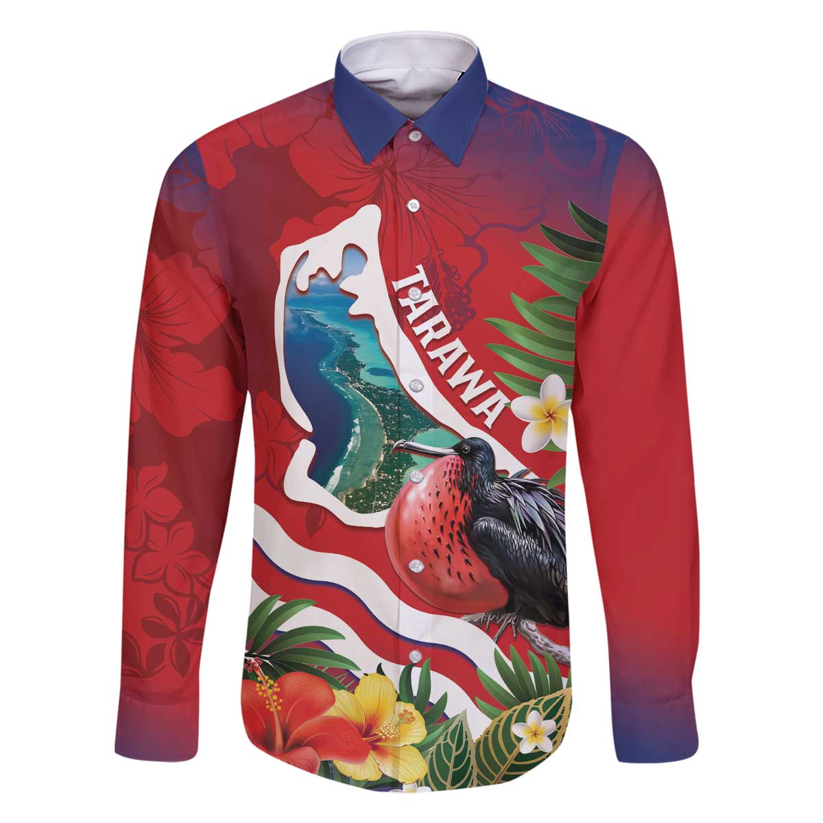 Personalised Kiribati Tarawa Atoll Family Matching Off Shoulder Short Dress and Hawaiian Shirt Frigate Bird With Map Tropical Style LT14 Dad's Shirt - Long Sleeve Red - Polynesian Pride