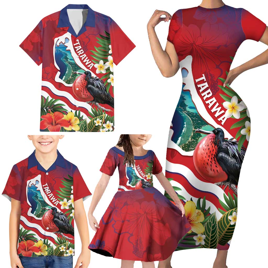 Personalised Kiribati Tarawa Atoll Family Matching Short Sleeve Bodycon Dress and Hawaiian Shirt Frigate Bird With Map Tropical Style LT14 - Polynesian Pride