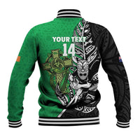 New Zealand and Ireland Rugby Custom Baseball Jacket Maori Tiki Fern Irish Celtic Cross - Polynesian Pride