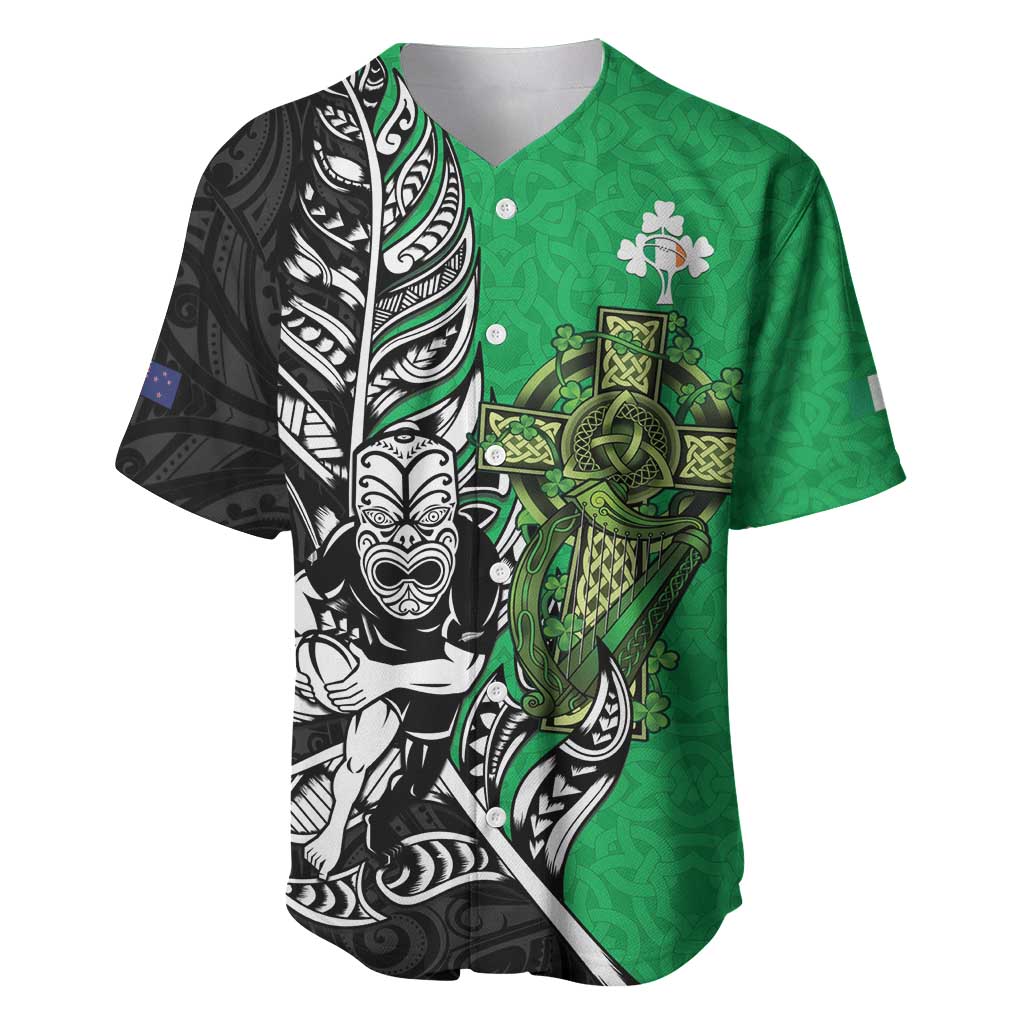 New Zealand and Ireland Rugby Custom Baseball Jersey Maori Tiki Fern Irish Celtic Cross LT14 Green - Polynesian Pride