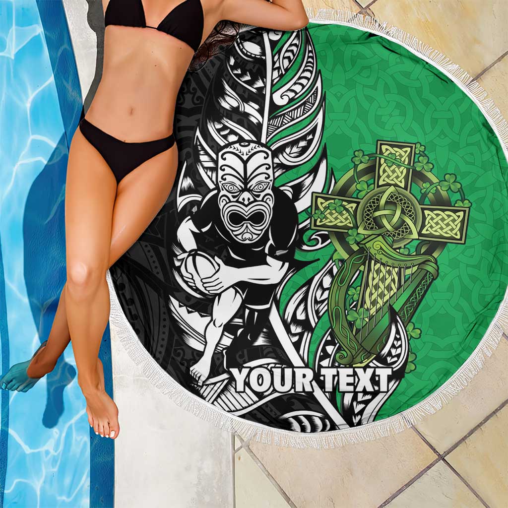 New Zealand and Ireland Rugby Custom Beach Blanket Maori Tiki Fern Irish Celtic Cross LT14 - Polynesian Pride