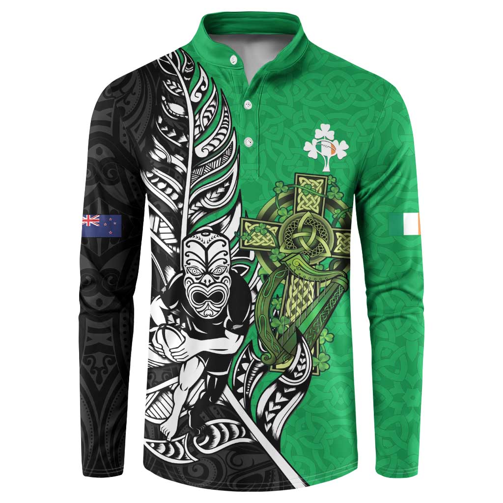 New Zealand and Ireland Rugby Custom Button Sweatshirt Maori Tiki Fern Irish Celtic Cross - Polynesian Pride