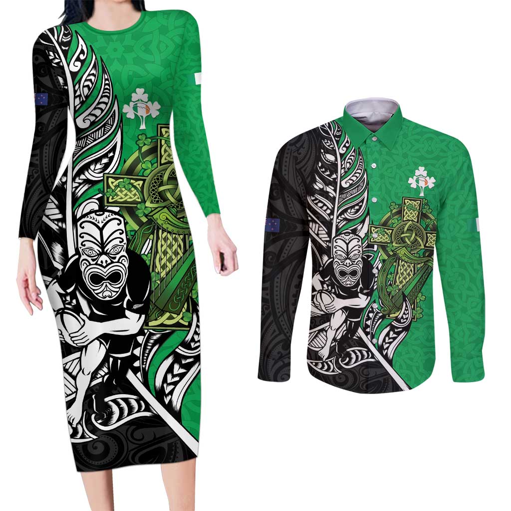 New Zealand and Ireland Rugby Custom Couples Matching Long Sleeve Bodycon Dress and Long Sleeve Button Shirt Maori Tiki Fern Irish Celtic Cross - Polynesian Pride