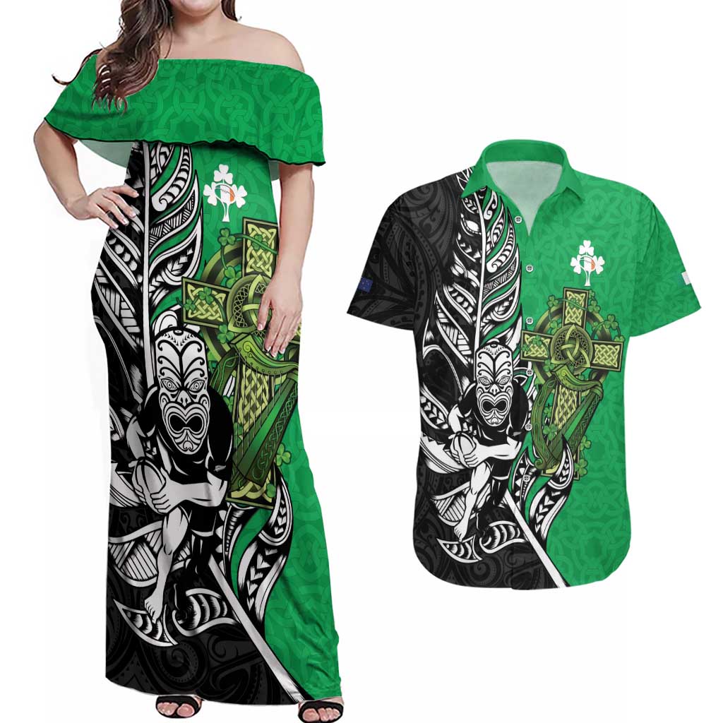 New Zealand and Ireland Rugby Custom Couples Matching Off Shoulder Maxi Dress and Hawaiian Shirt Maori Tiki Fern Irish Celtic Cross LT14 Green - Polynesian Pride
