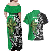 New Zealand and Ireland Rugby Custom Couples Matching Off Shoulder Maxi Dress and Hawaiian Shirt Maori Tiki Fern Irish Celtic Cross LT14 - Polynesian Pride