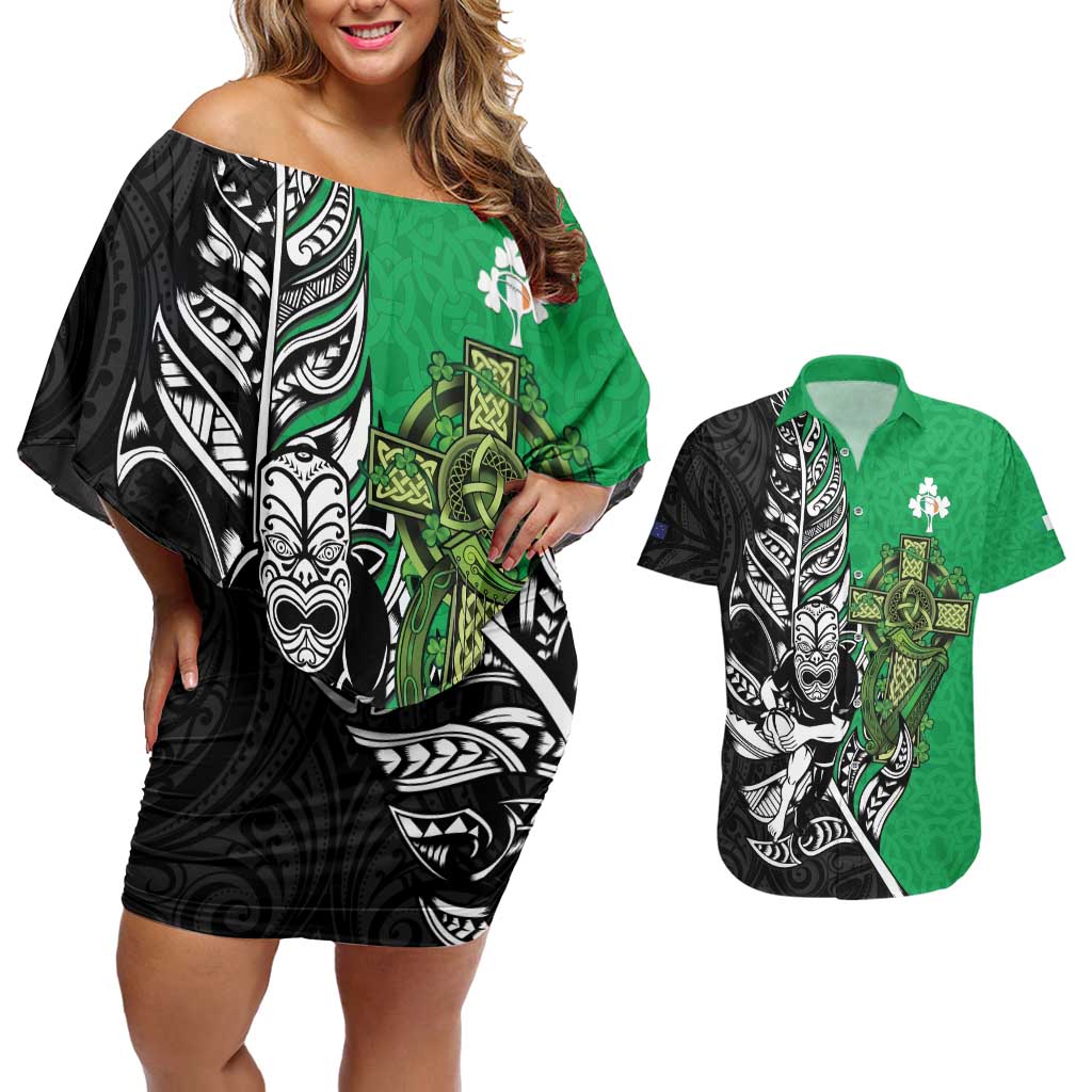 New Zealand and Ireland Rugby Custom Couples Matching Off Shoulder Short Dress and Hawaiian Shirt Maori Tiki Fern Irish Celtic Cross LT14 Green - Polynesian Pride