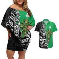 New Zealand and Ireland Rugby Custom Couples Matching Off Shoulder Short Dress and Hawaiian Shirt Maori Tiki Fern Irish Celtic Cross LT14 Green - Polynesian Pride