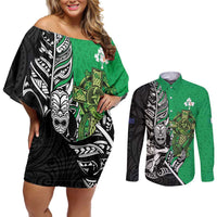 New Zealand and Ireland Rugby Custom Couples Matching Off Shoulder Short Dress and Long Sleeve Button Shirt Maori Tiki Fern Irish Celtic Cross LT14 Green - Polynesian Pride