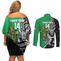 New Zealand and Ireland Rugby Custom Couples Matching Off Shoulder Short Dress and Long Sleeve Button Shirt Maori Tiki Fern Irish Celtic Cross LT14 - Polynesian Pride