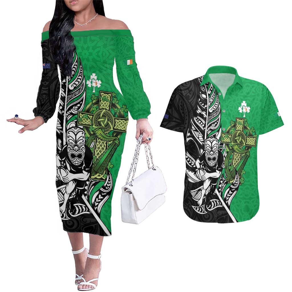 New Zealand and Ireland Rugby Custom Couples Matching Off The Shoulder Long Sleeve Dress and Hawaiian Shirt Maori Tiki Fern Irish Celtic Cross LT14 Green - Polynesian Pride