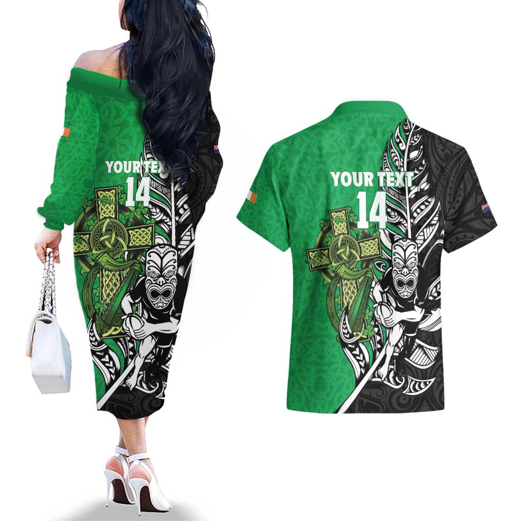 New Zealand and Ireland Rugby Custom Couples Matching Off The Shoulder Long Sleeve Dress and Hawaiian Shirt Maori Tiki Fern Irish Celtic Cross LT14 - Polynesian Pride